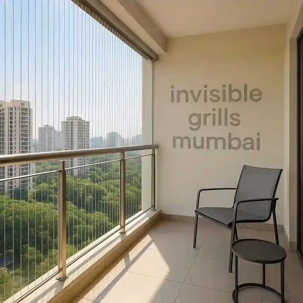 Balcony invisible grills in a high-rise apartment with "Invisible Grills Mumbai" in the background