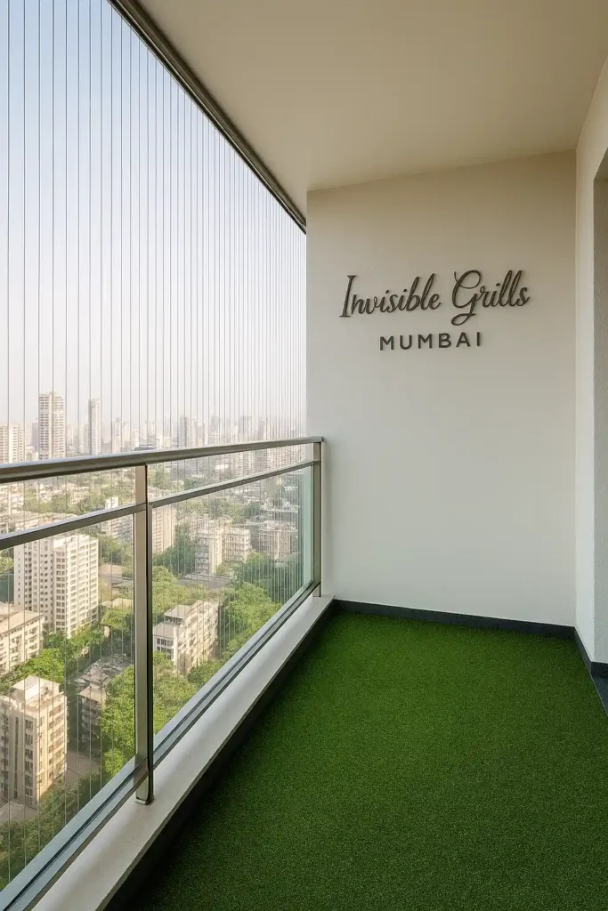 Balcony invisible grills in stainless steel installed for child and pet safety in a high-rise apartment with Invisible Grills Mumbai written in the background.