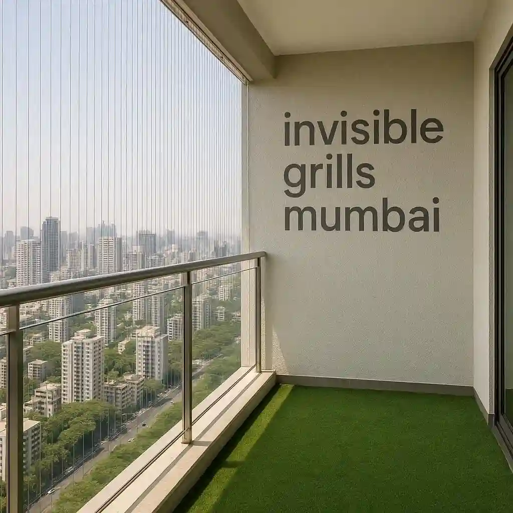 Balcony invisible grills with stainless steel safety wires and Invisible Grills Mumbai written in the background.