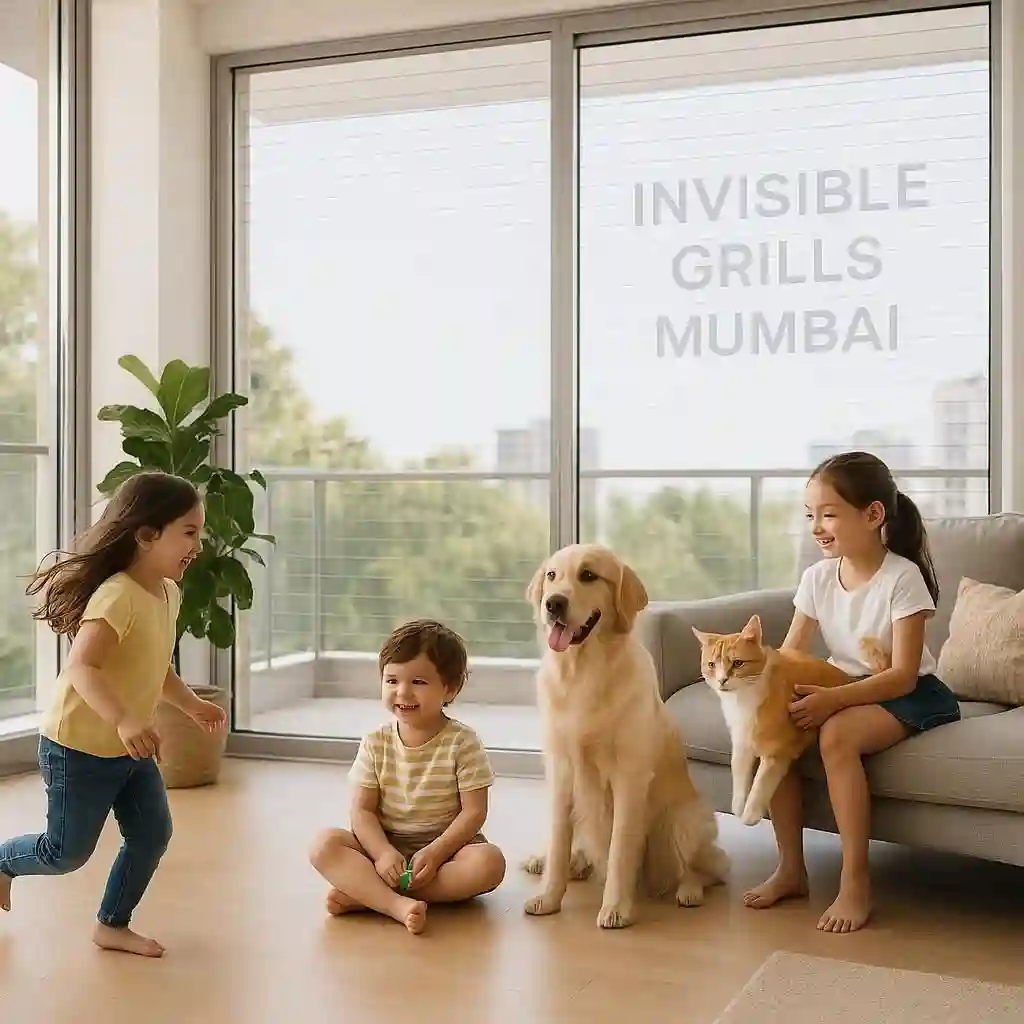 Children and pets playing safely near invisible grills in a modern home with "Invisible Grills Mumbai" in the background
