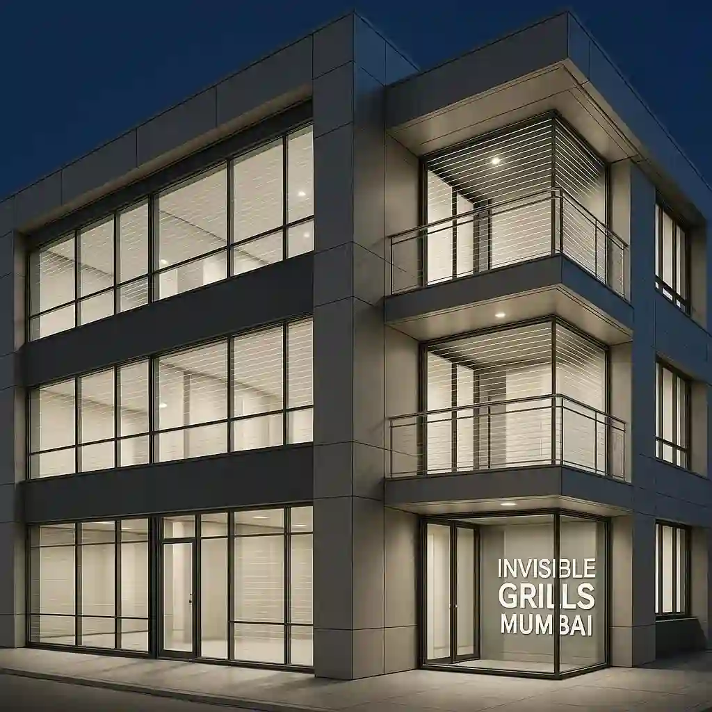 Commercial building with invisible grills installed and "Invisible Grills Mumbai" in the background
