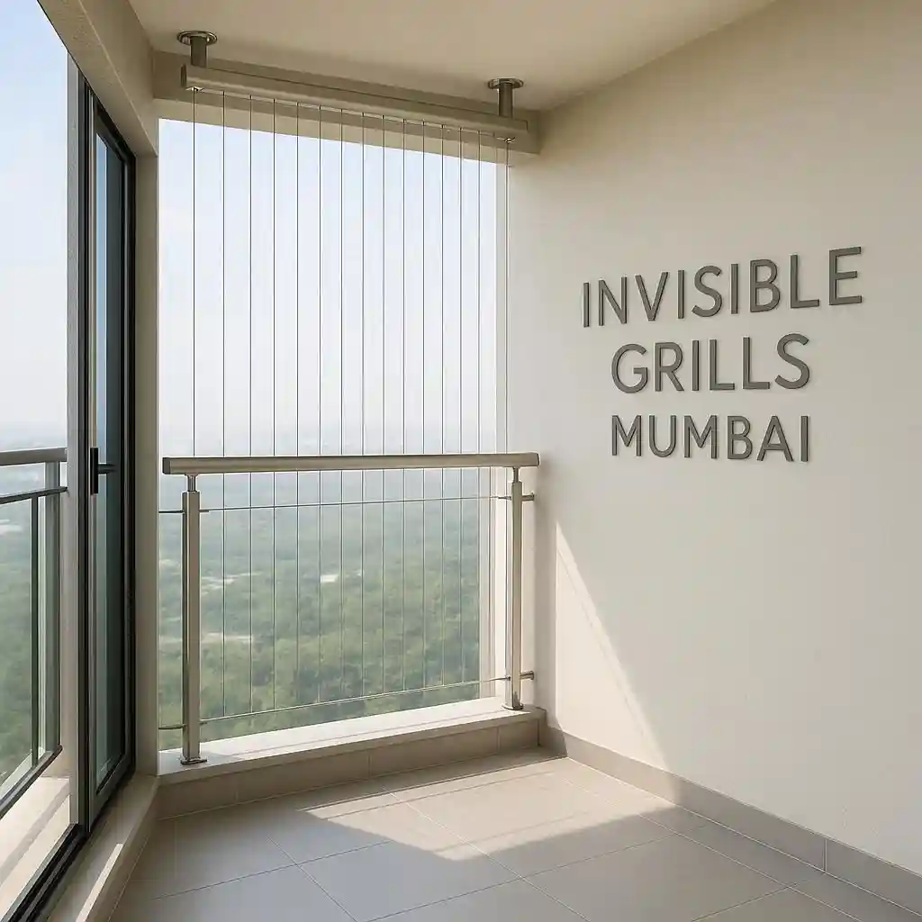 Customized invisible grill installed on a balcony in a modern home with "Invisible Grills Mumbai" in the background