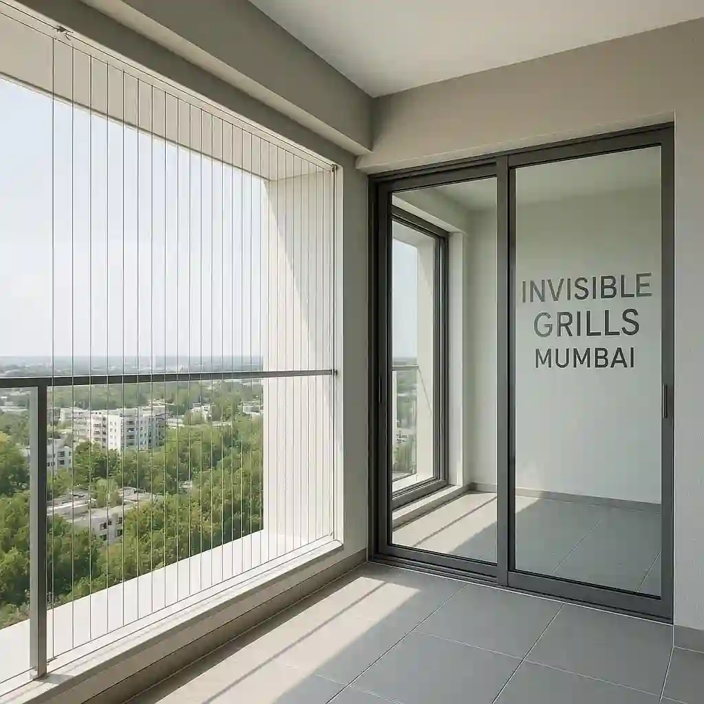 Customized invisible grill installed on a balcony in a modern home with "Invisible Grills Mumbai" in the background
