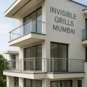 Modern home with stainless steel invisible grills and "Invisible Grills Mumbai" in the background