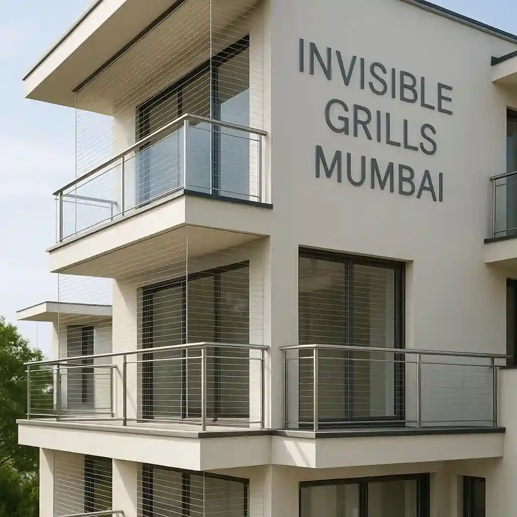 Modern home with stainless steel invisible grills and "Invisible Grills Mumbai" in the background