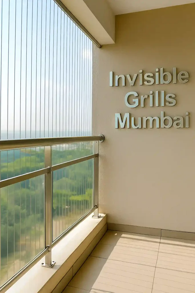 Modern home with invisible grills installed and "Invisible Grills Mumbai" in the background