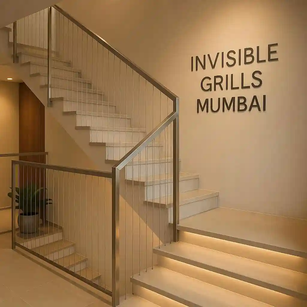 Staircase invisible grills installed in a modern duplex with "Invisible Grills Mumbai" in the background
