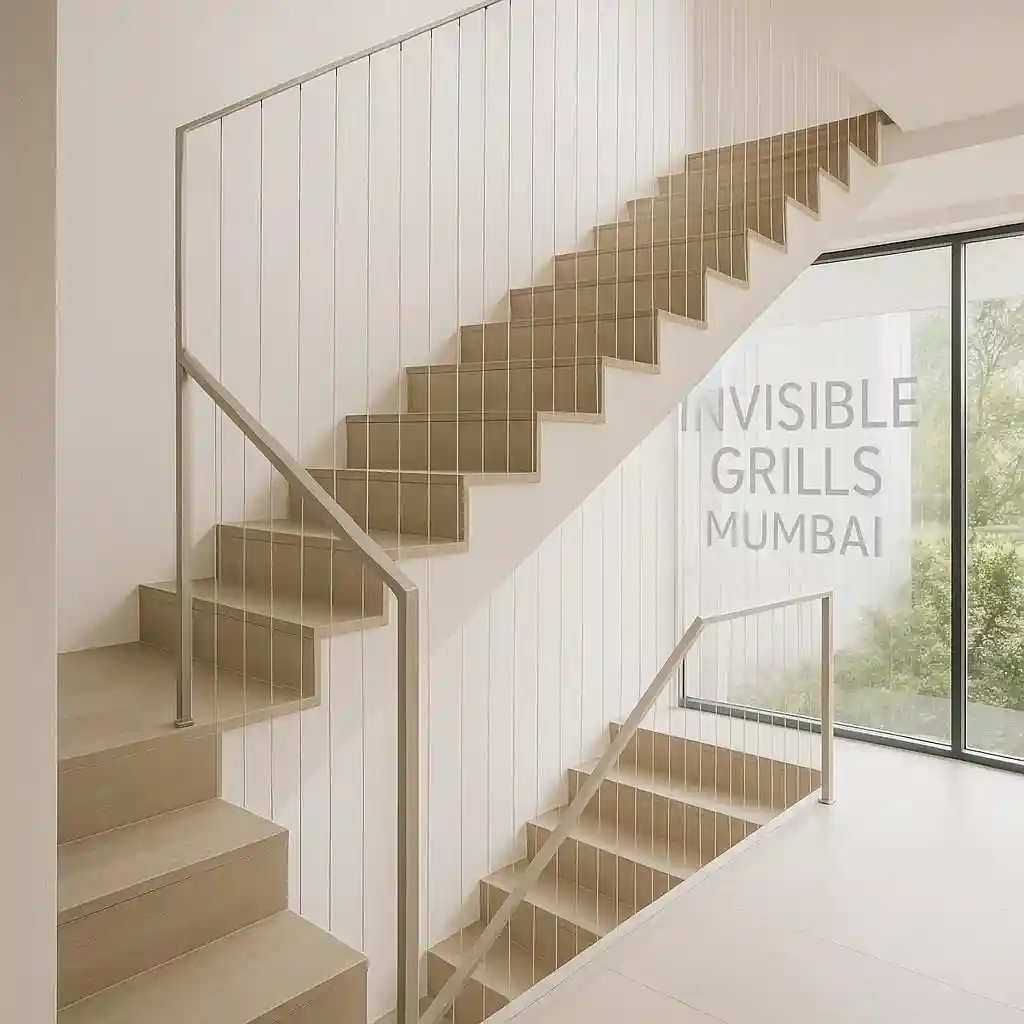 Staircase with invisible grills installed, showing safety and modern design with "Invisible Grills Mumbai" in the background