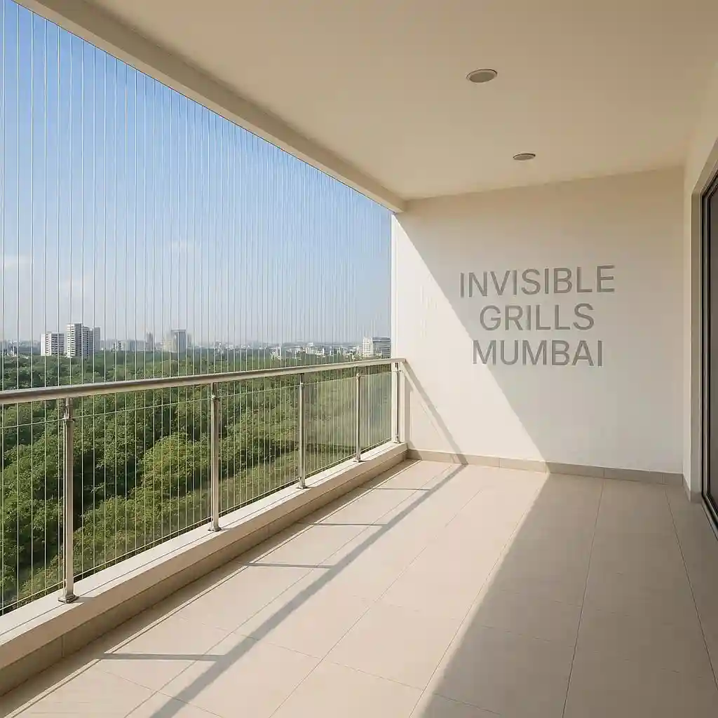 Terrace with invisible grills installed, offering safety and unobstructed views with "Invisible Grills Mumbai" in the background