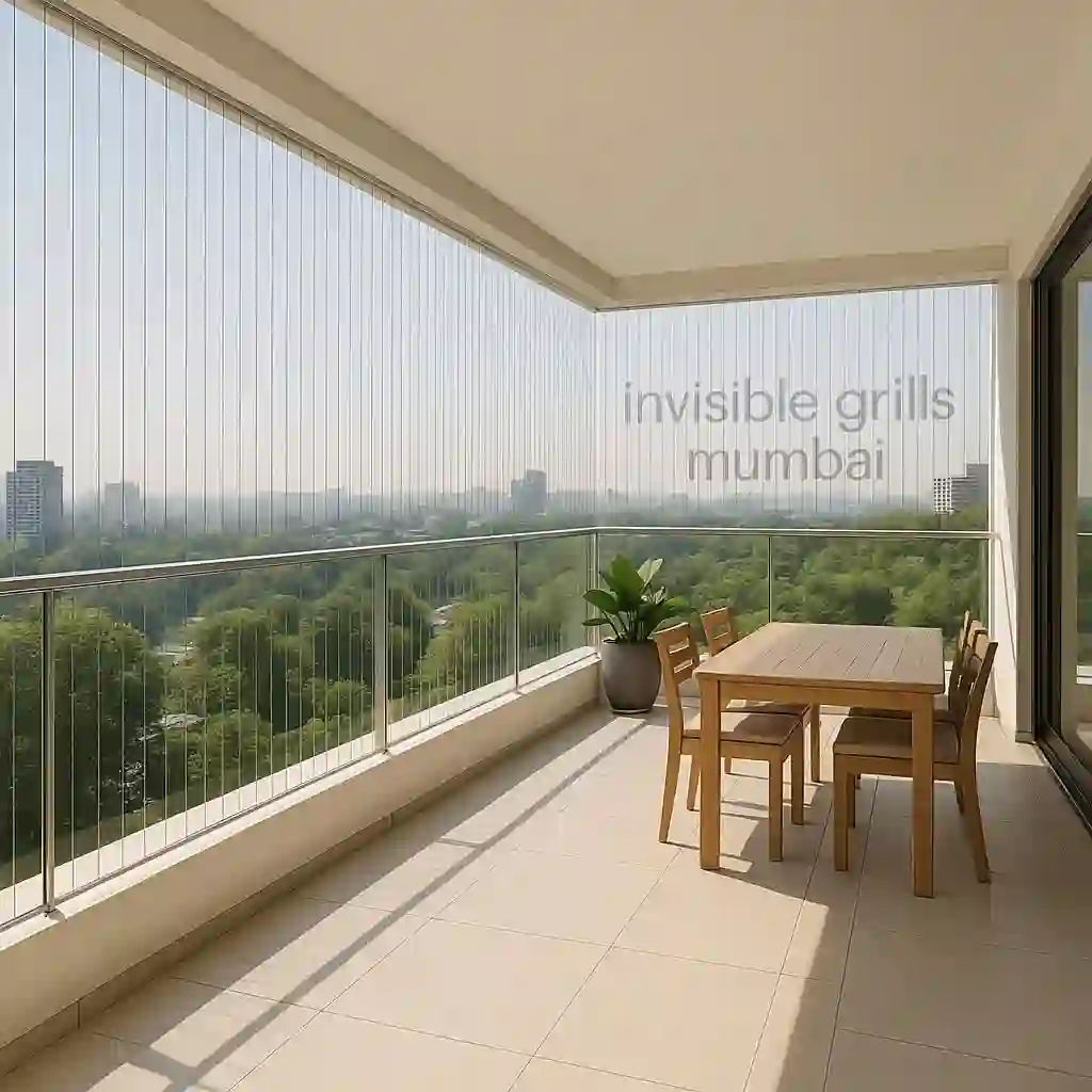 Terrace with invisible grills installed, offering safety and unobstructed views with "Invisible Grills Mumbai" in the background