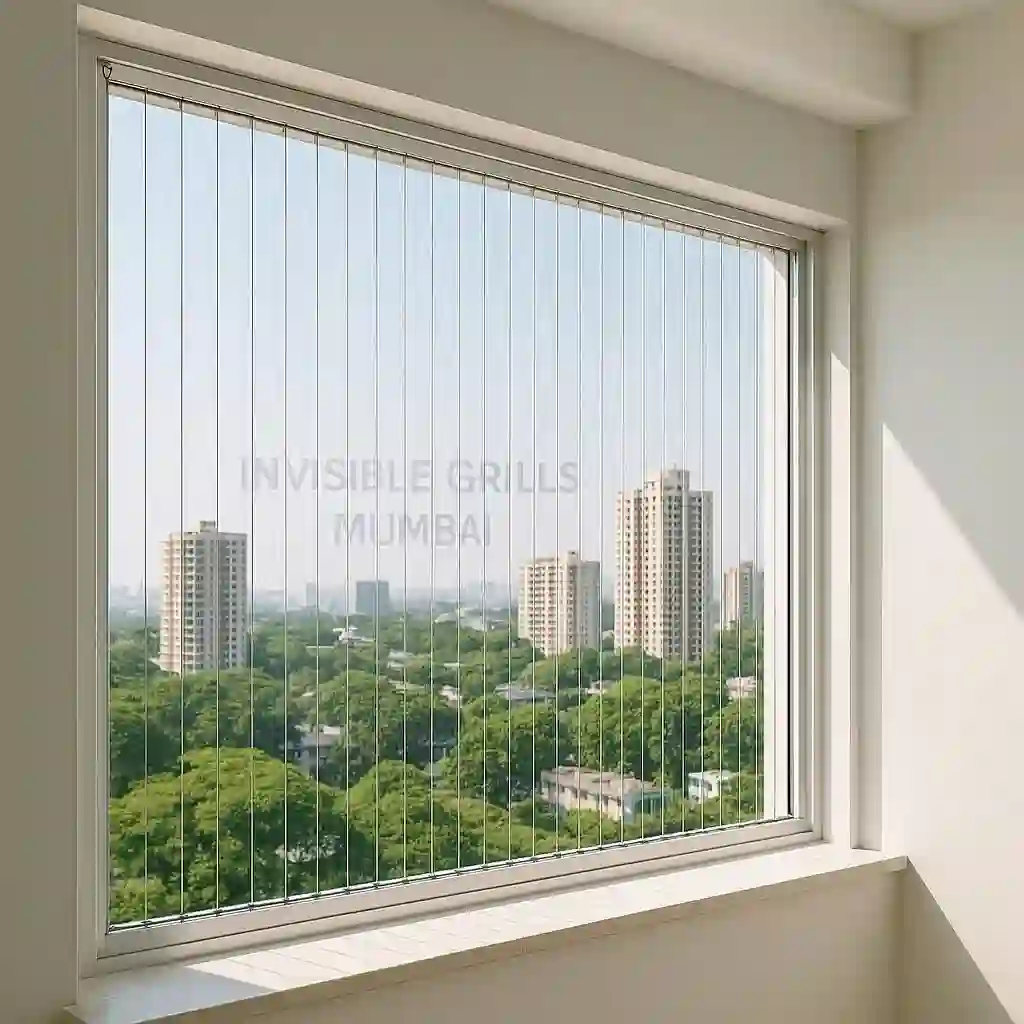 Window invisible grills installed in a modern apartment with "Invisible Grills Mumbai" in the background