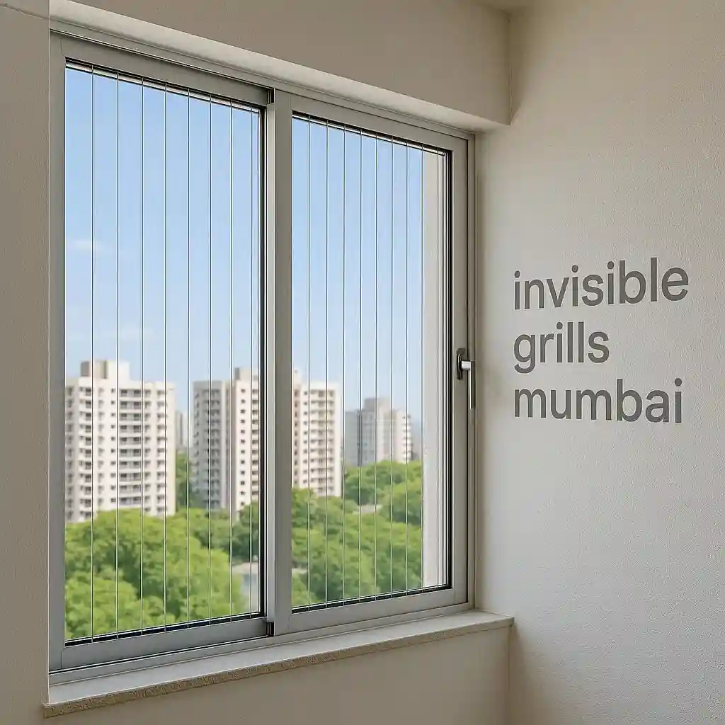 Window invisible grills with stainless steel safety wires and Invisible Grills Mumbai written in the background.